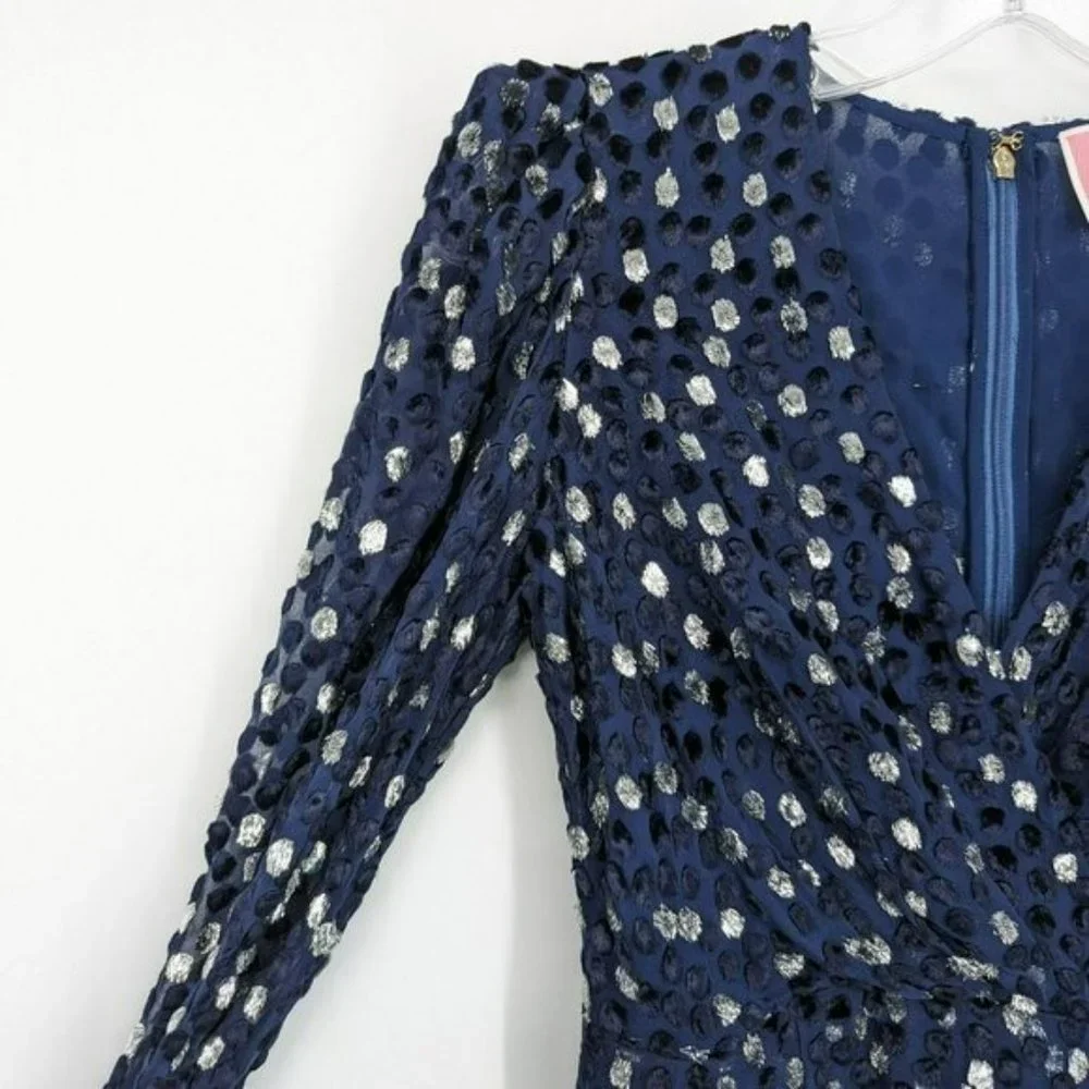 Kate Spade Scatter Dot Dress 6 Navy Silver Faux Wrap Ruffle Velvet Long Sleeve
